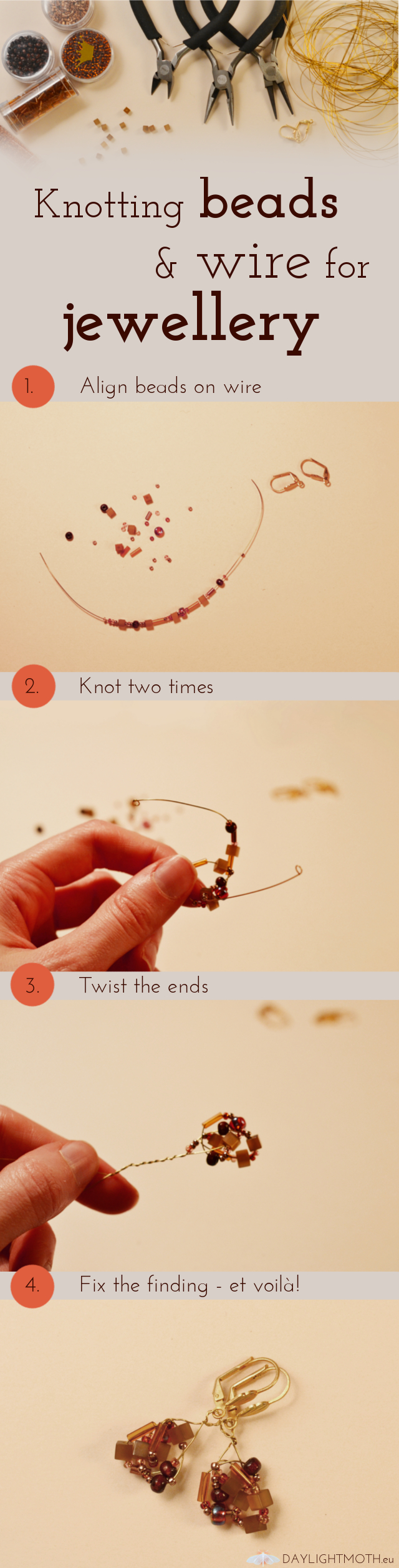 This is a ste-by-step guide on how to make earrings from beads and wire. You only have to line up a batch of beads on wire and form two knots. Secure it and your DIY earrings are finished! #infogrphic #wirejewelry